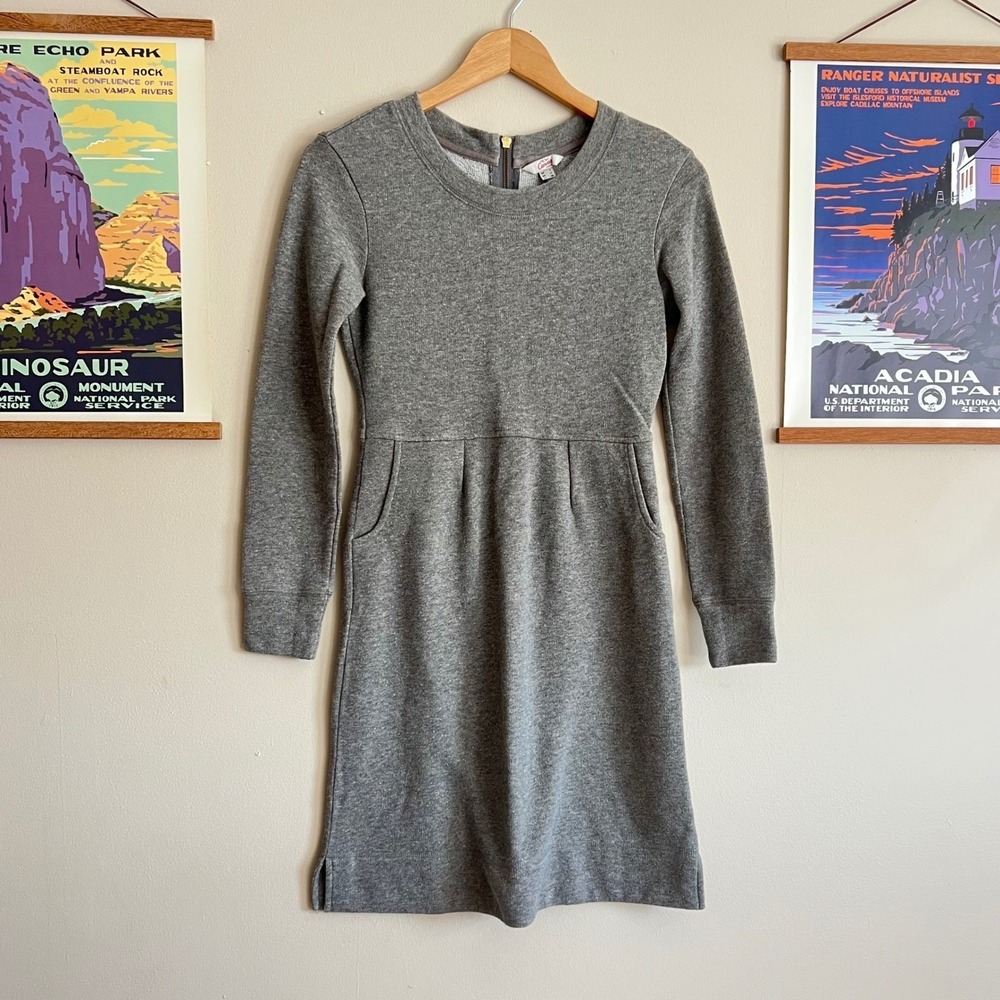 Lands End Canvas Gray Gold Metallic Sweatshirt Dress Long Sleeve Pockets Size 2